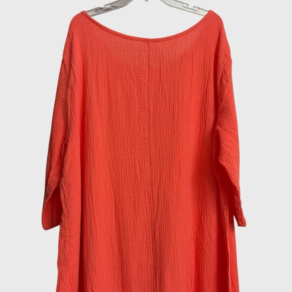Women's Floral Embroidered Orange Gauze Midi Dress 5XL Crinkle Textured Summer